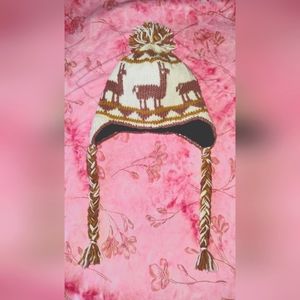 Unique Llama Cream & Burnt Orange Knit Beanie with Pom/Tassles